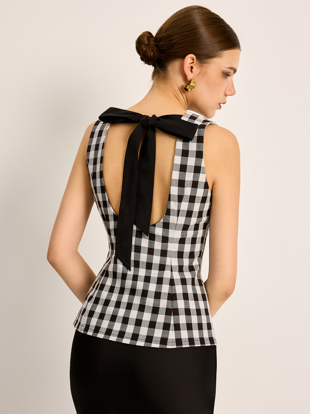 Plaid Button Back Tie Top