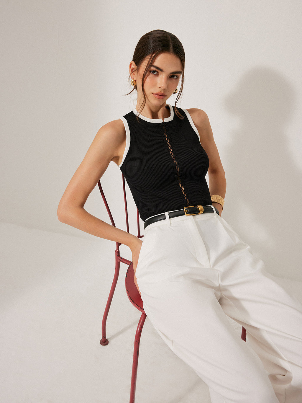 Color Block Knit Lace-Up Vest