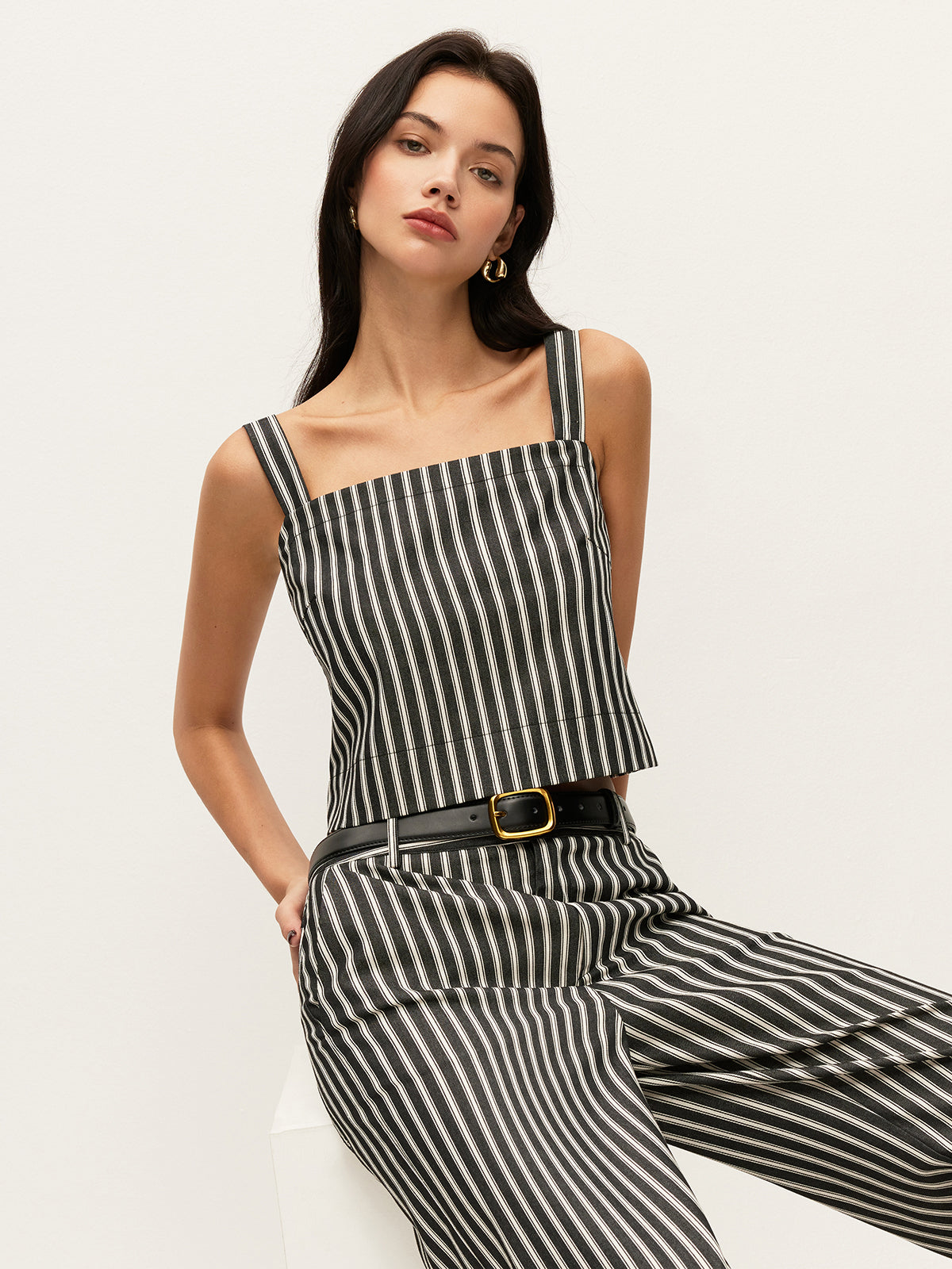 Square-Neck Pinstripe Sleeveless Top