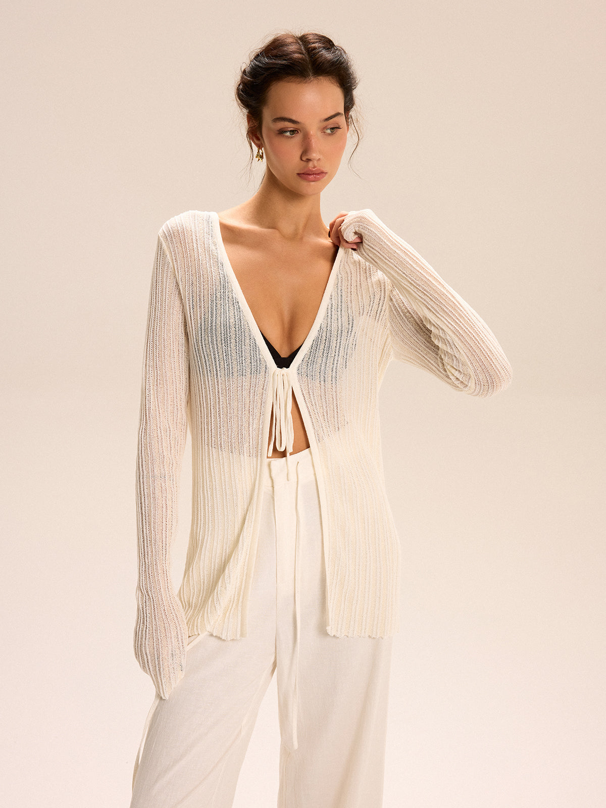 Sheer Ribbed Knit Cardigan With Tie-Front