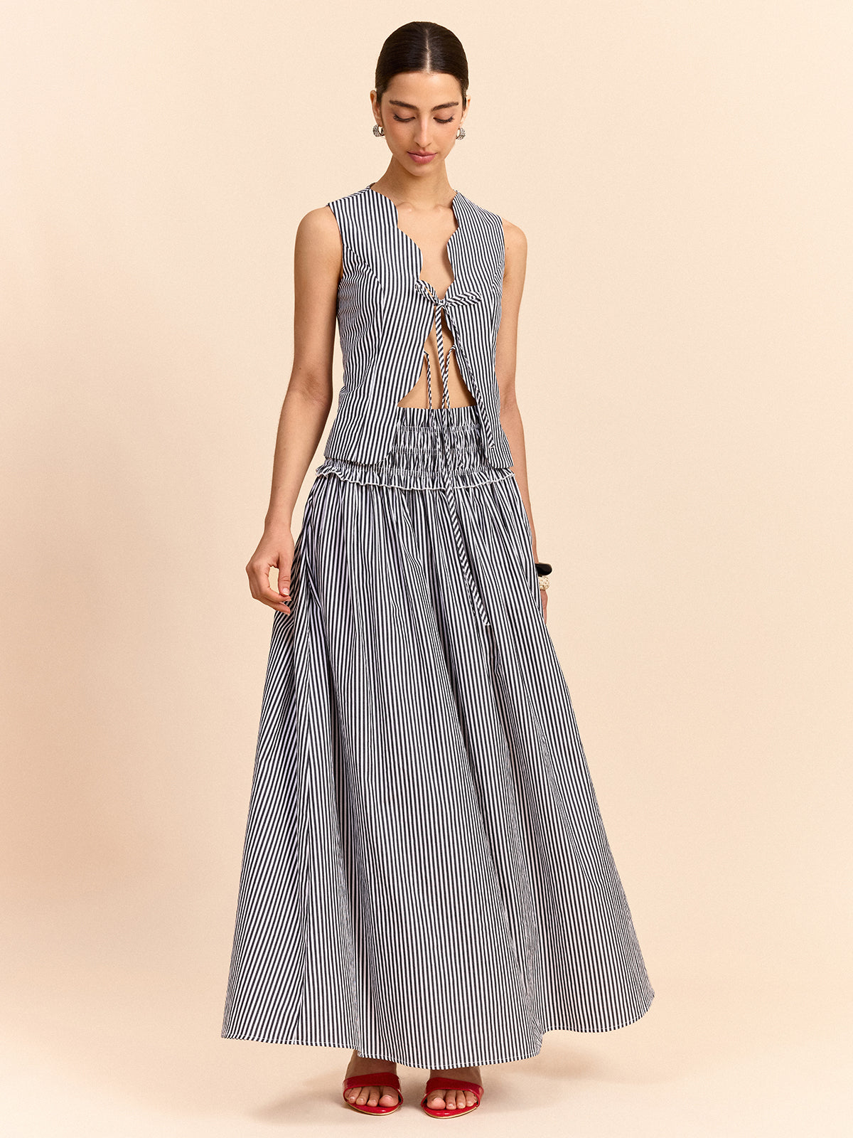 Striped Tie-Front Top and Skirt Set