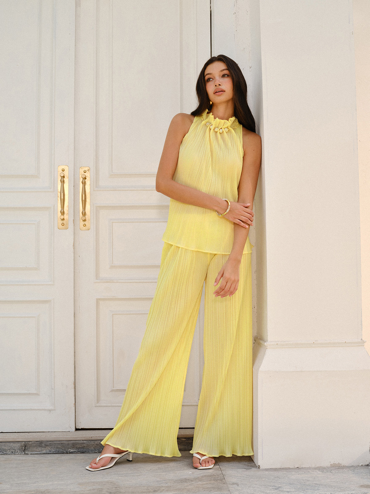 Pleated Top and Wide-Leg Pants Set