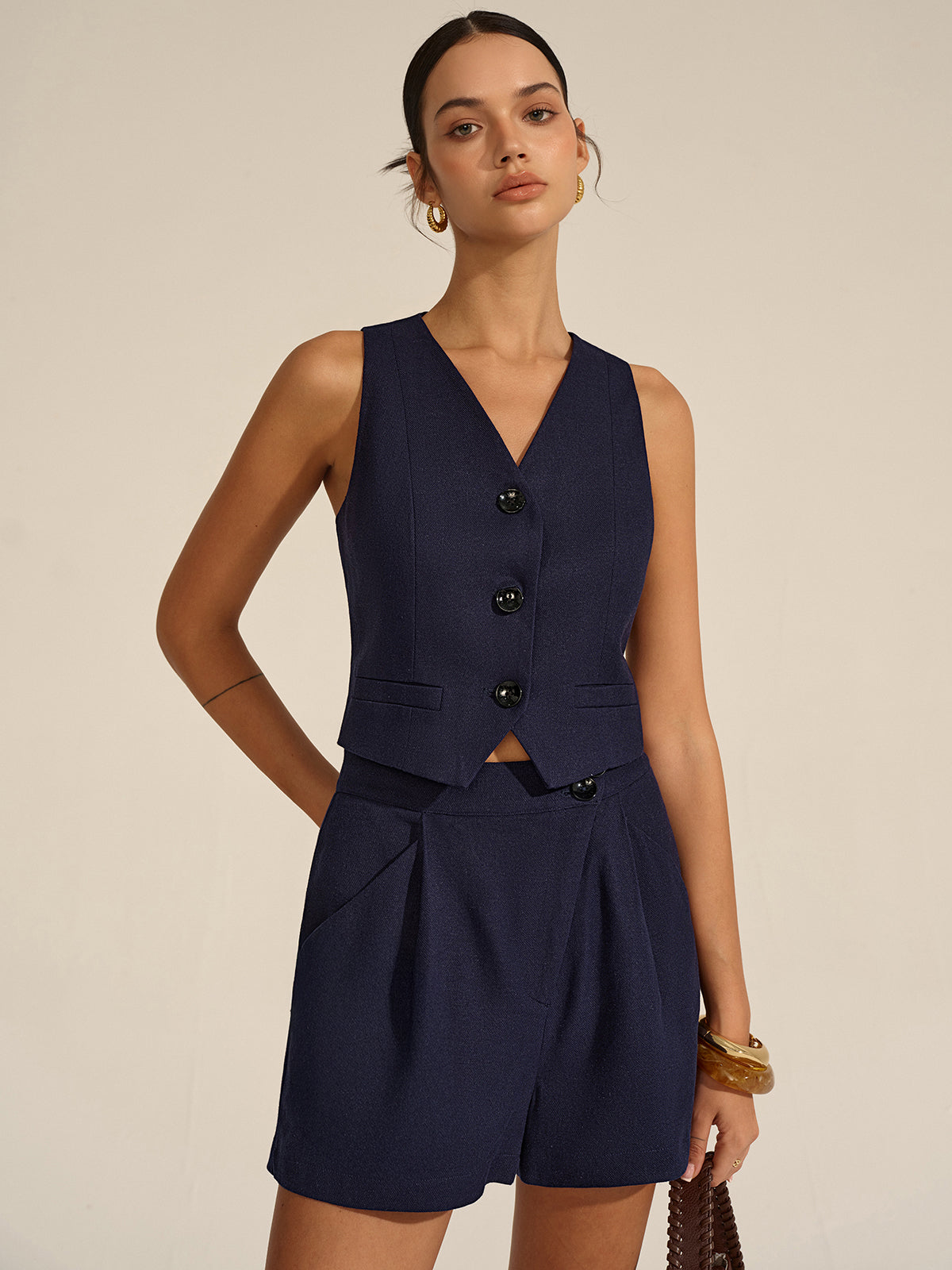 Sleeveless V-Neck Blazer Vest and Shorts Set