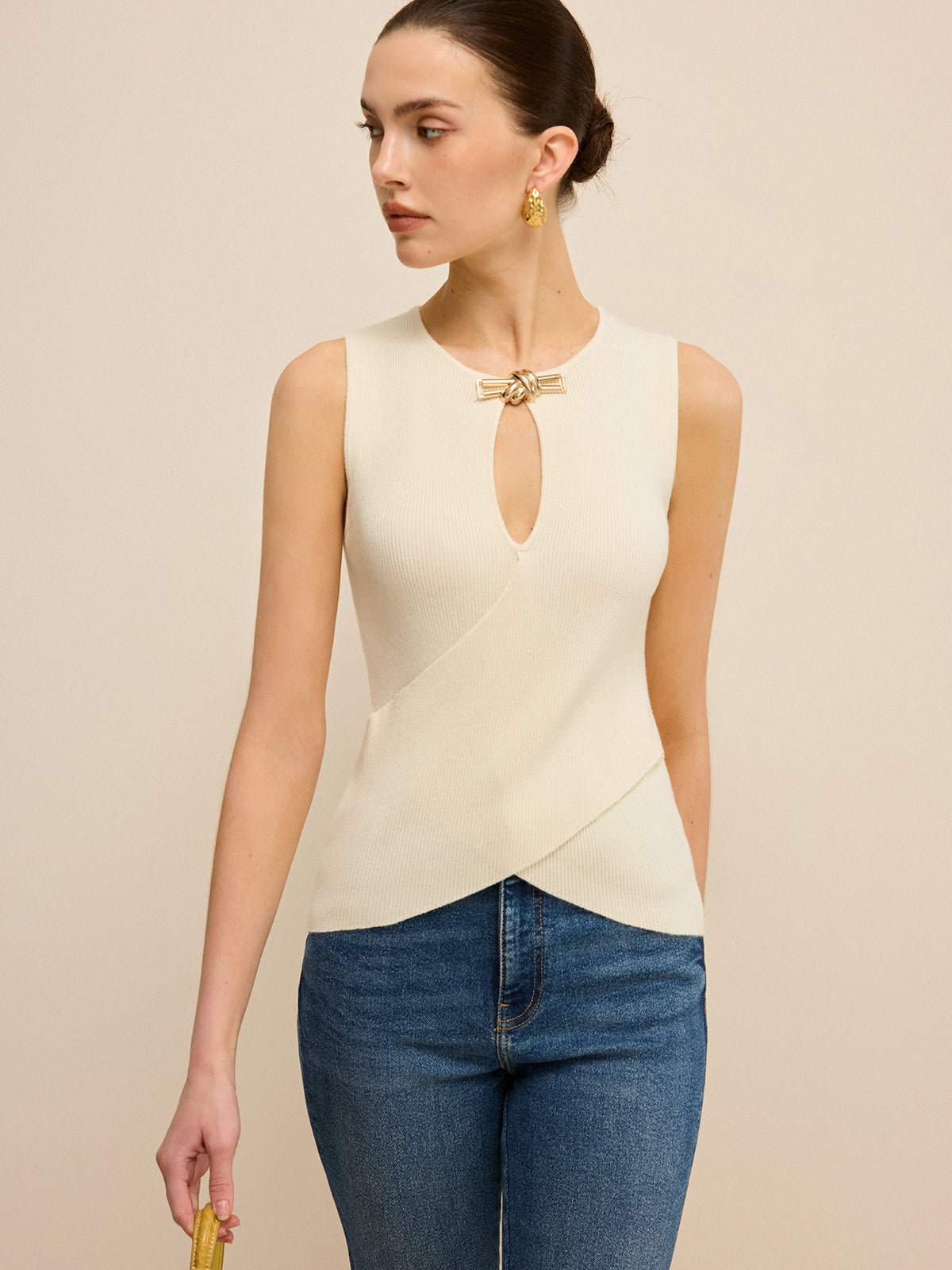 Cut-Out Sleeveless Knit Top with Cross-Over Design