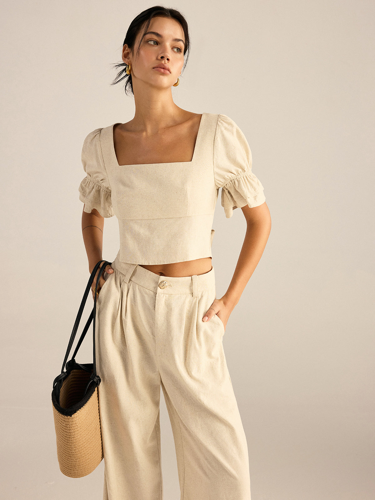 Cotton & Linen Puff-Sleeves Bow-Back Top and Pants Set