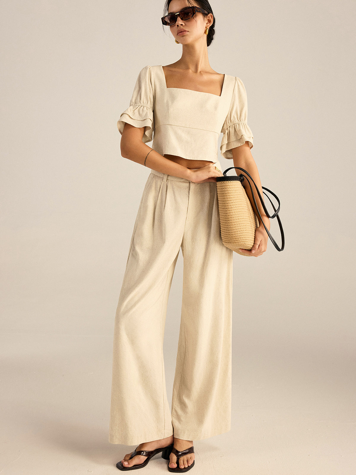 Cotton & Linen Puff-Sleeves Bow-Back Top and Pants Set