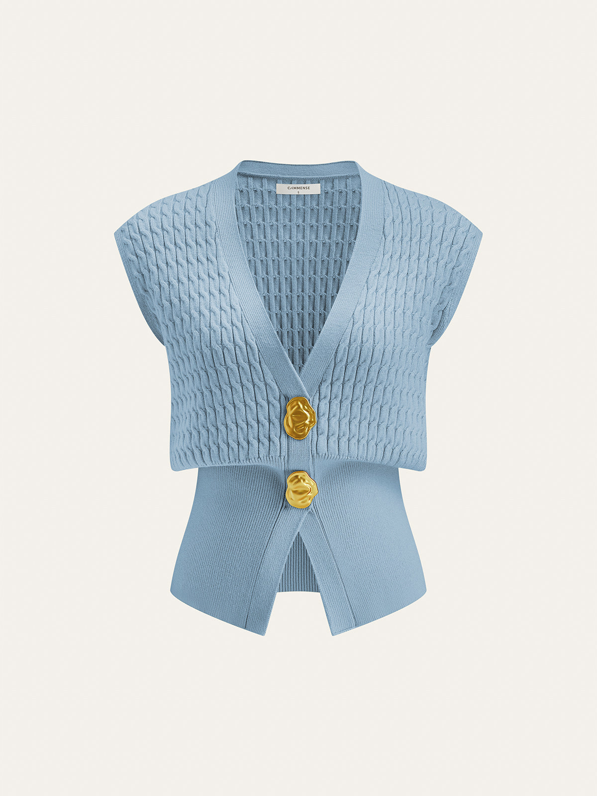 Metal Button Cable Knit Waist-Cinching Vest