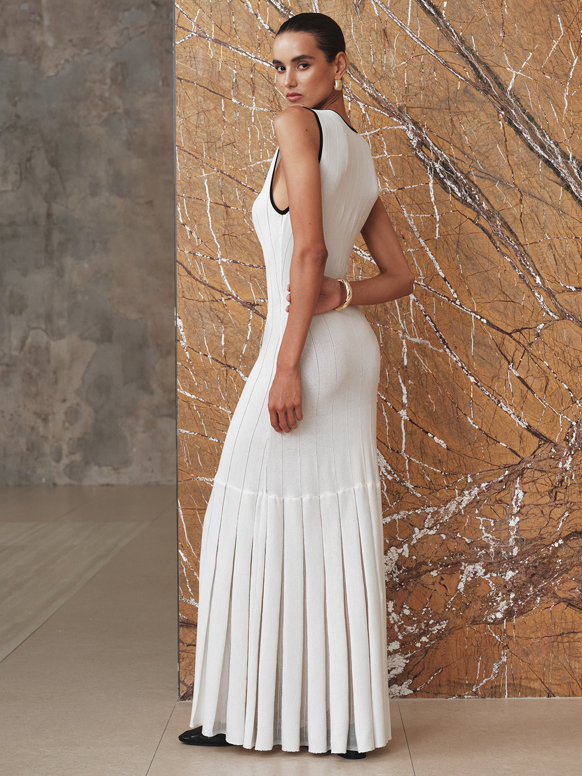 Contrast Trim Sheer Panel Knit Maxi Dress