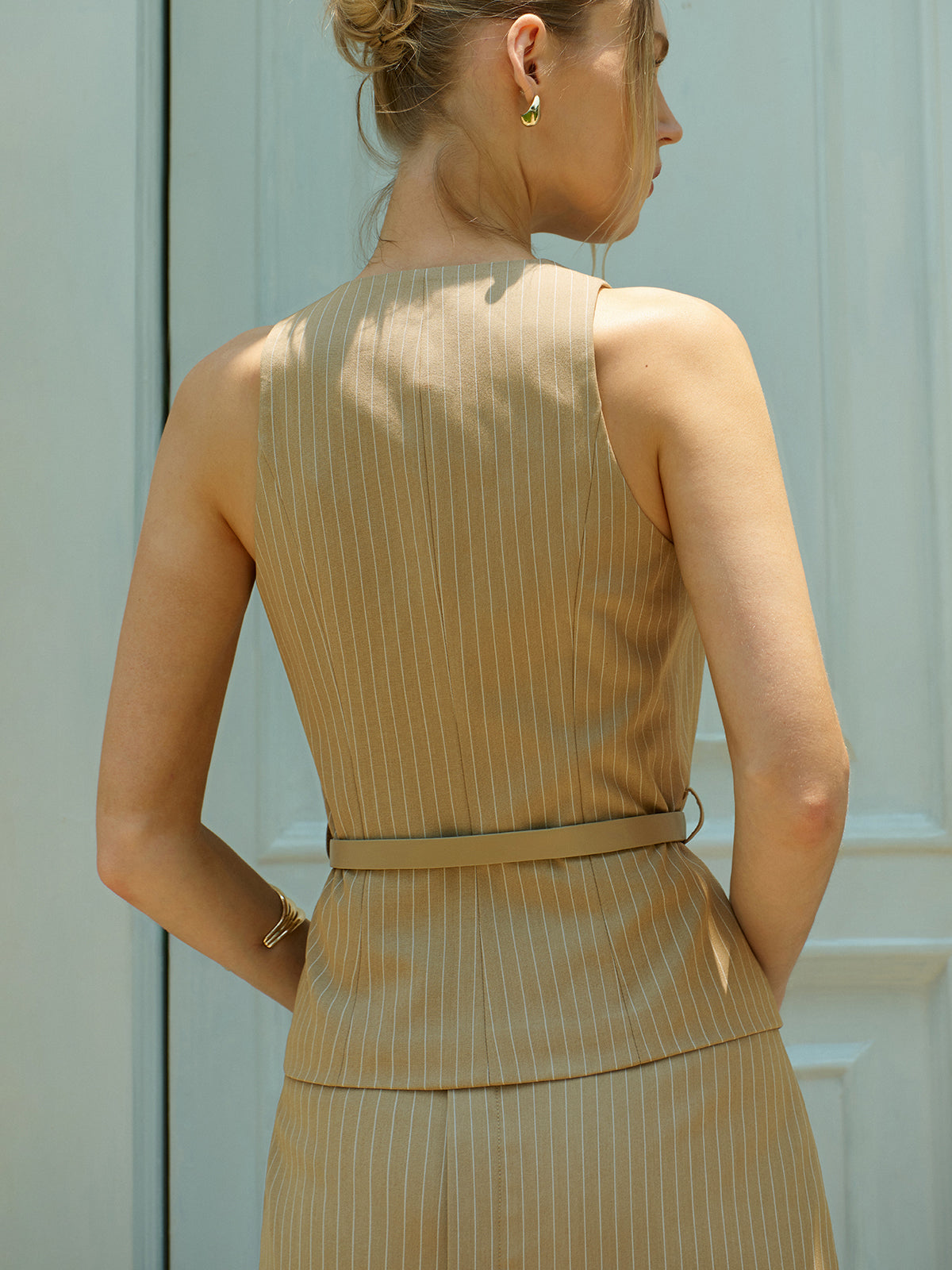 Belted Pinstripe Sleeveless Vest