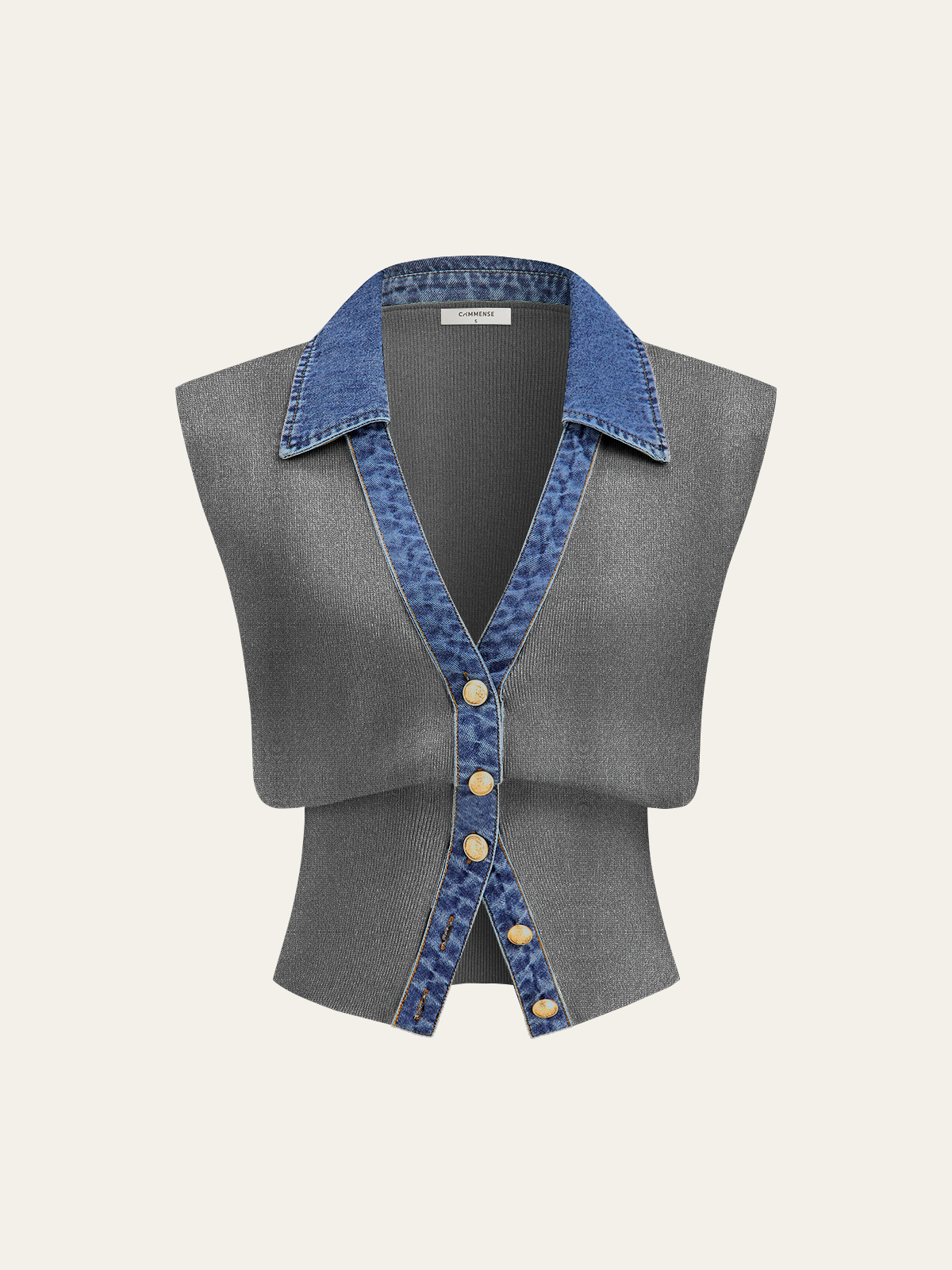 Denim Trim Metal Button Knit Vest