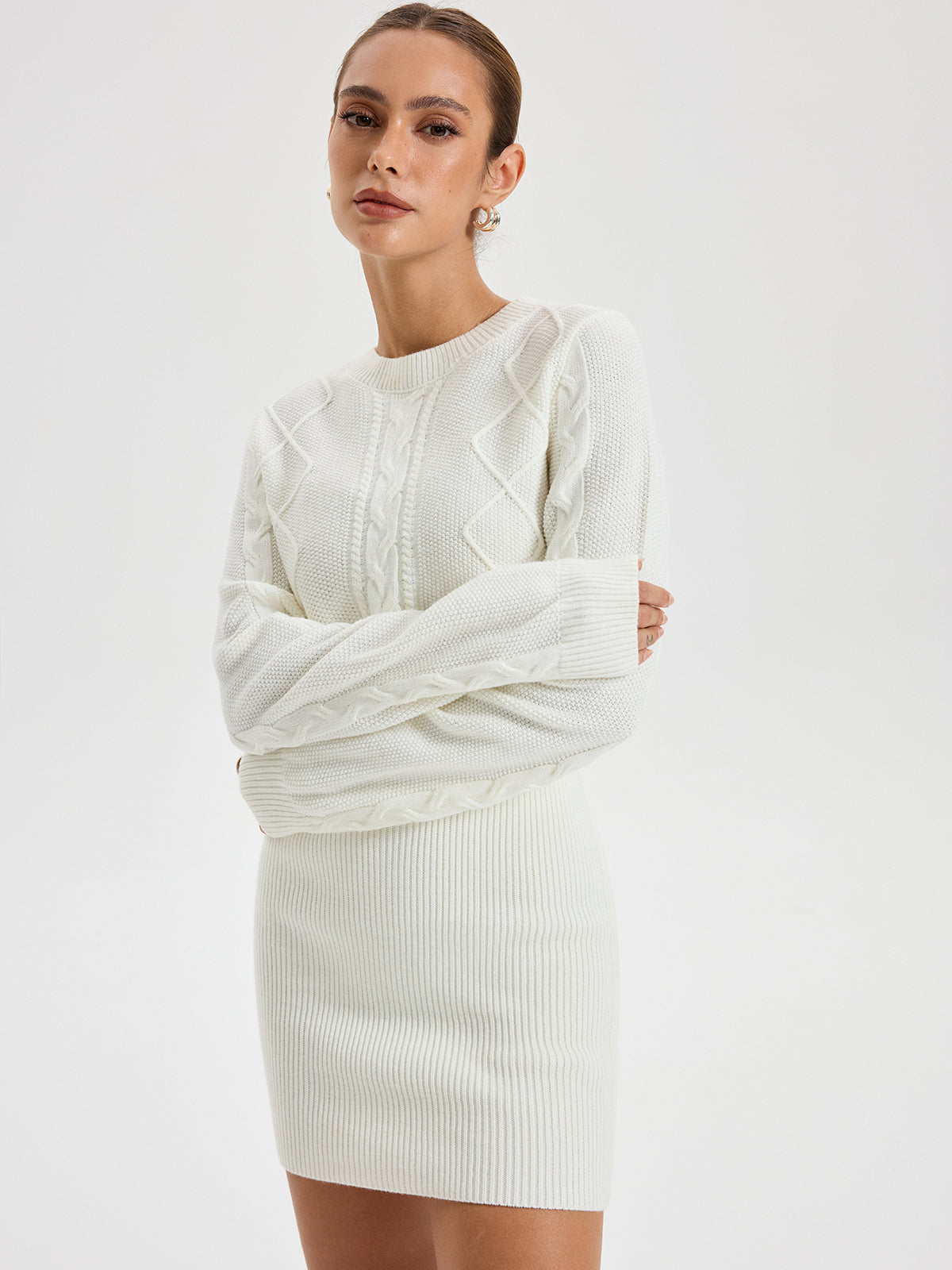 Cable Knit Crewneck Sweater Dress