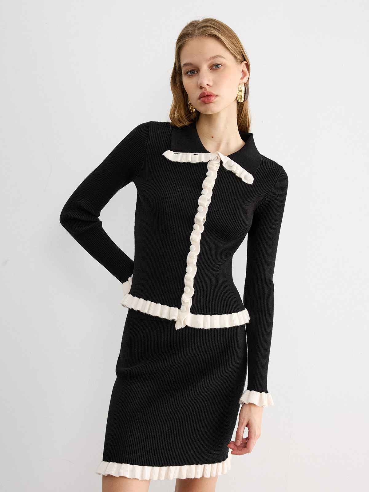 Contrast Ruffled Knit Top and Mini Skirt Set