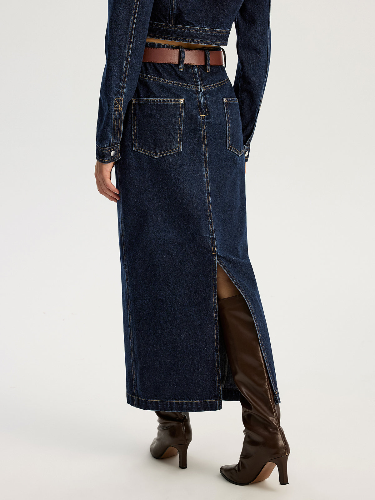Belted Denim Maxi Skirt