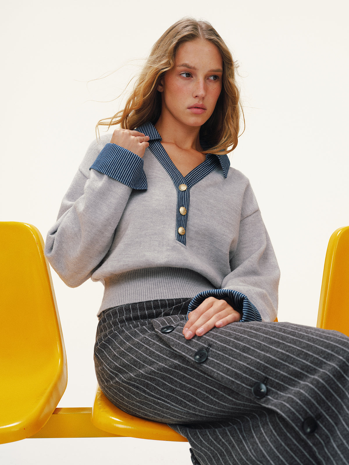 Striped Denim Panel Polo Sweater