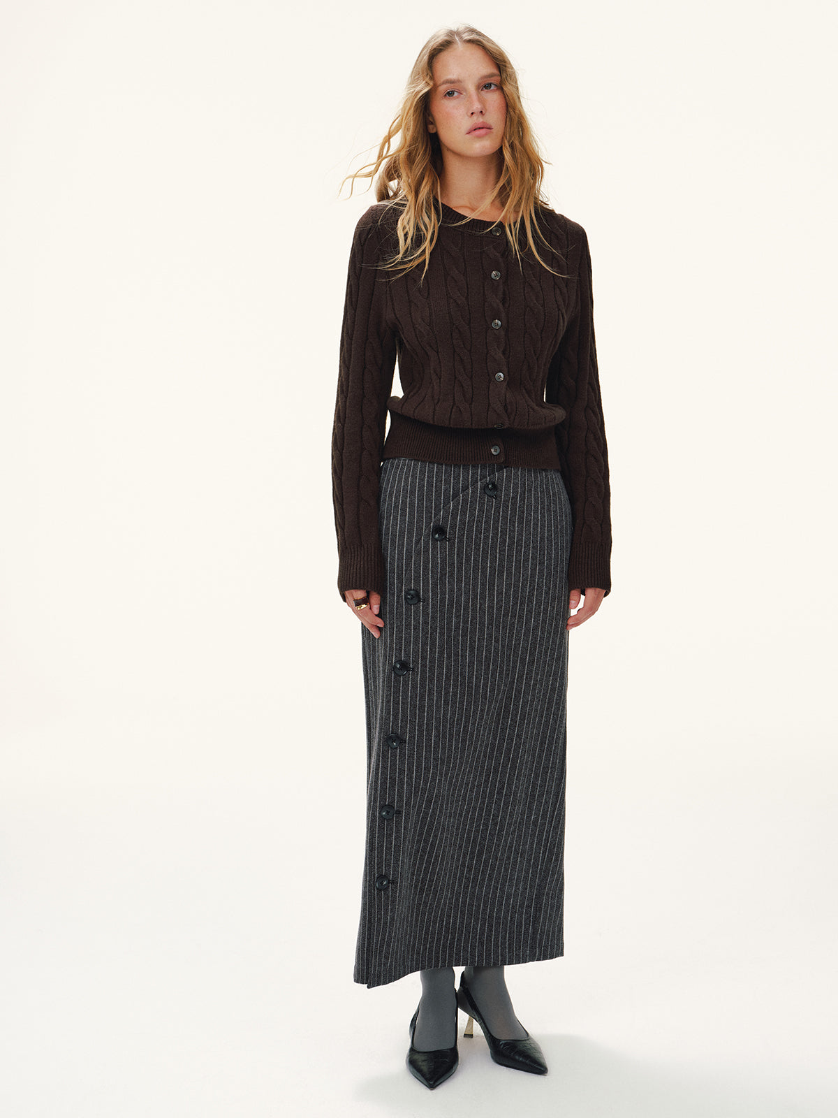 Asymmetric Button Striped Maxi Skirt