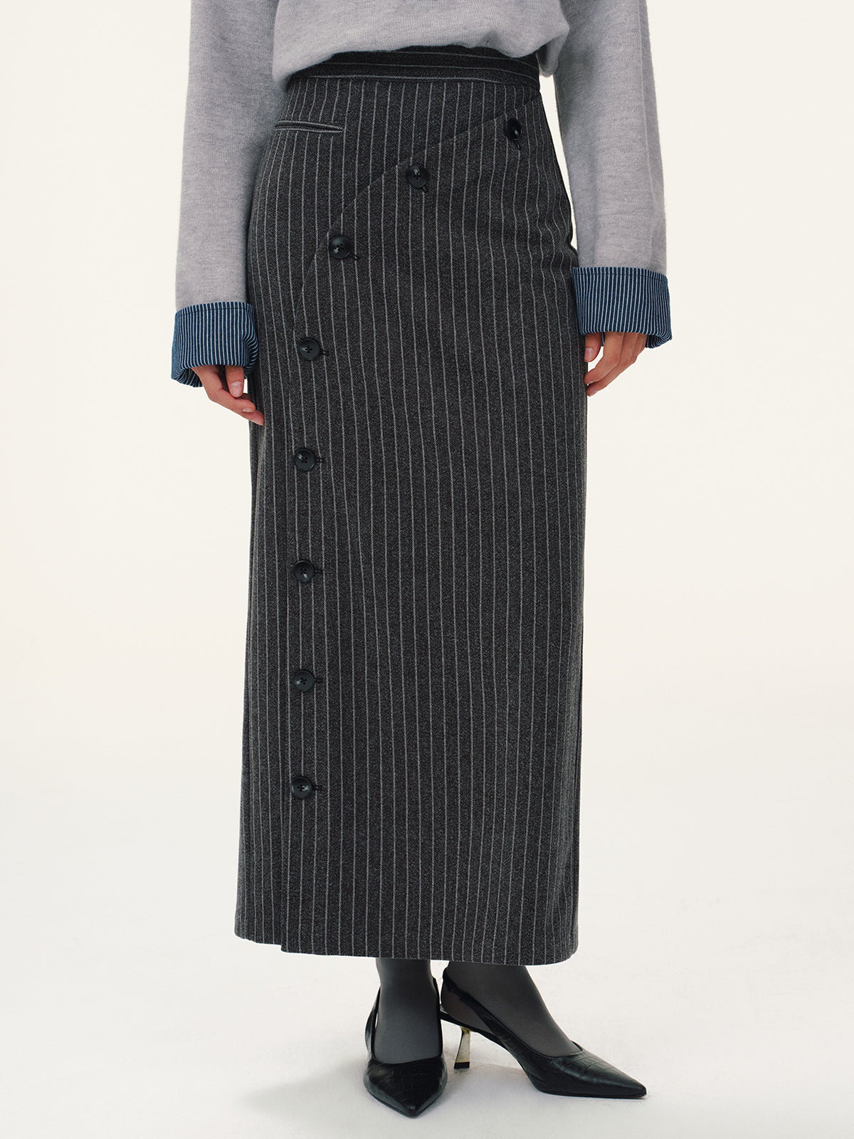 Asymmetric Button Striped Maxi Skirt