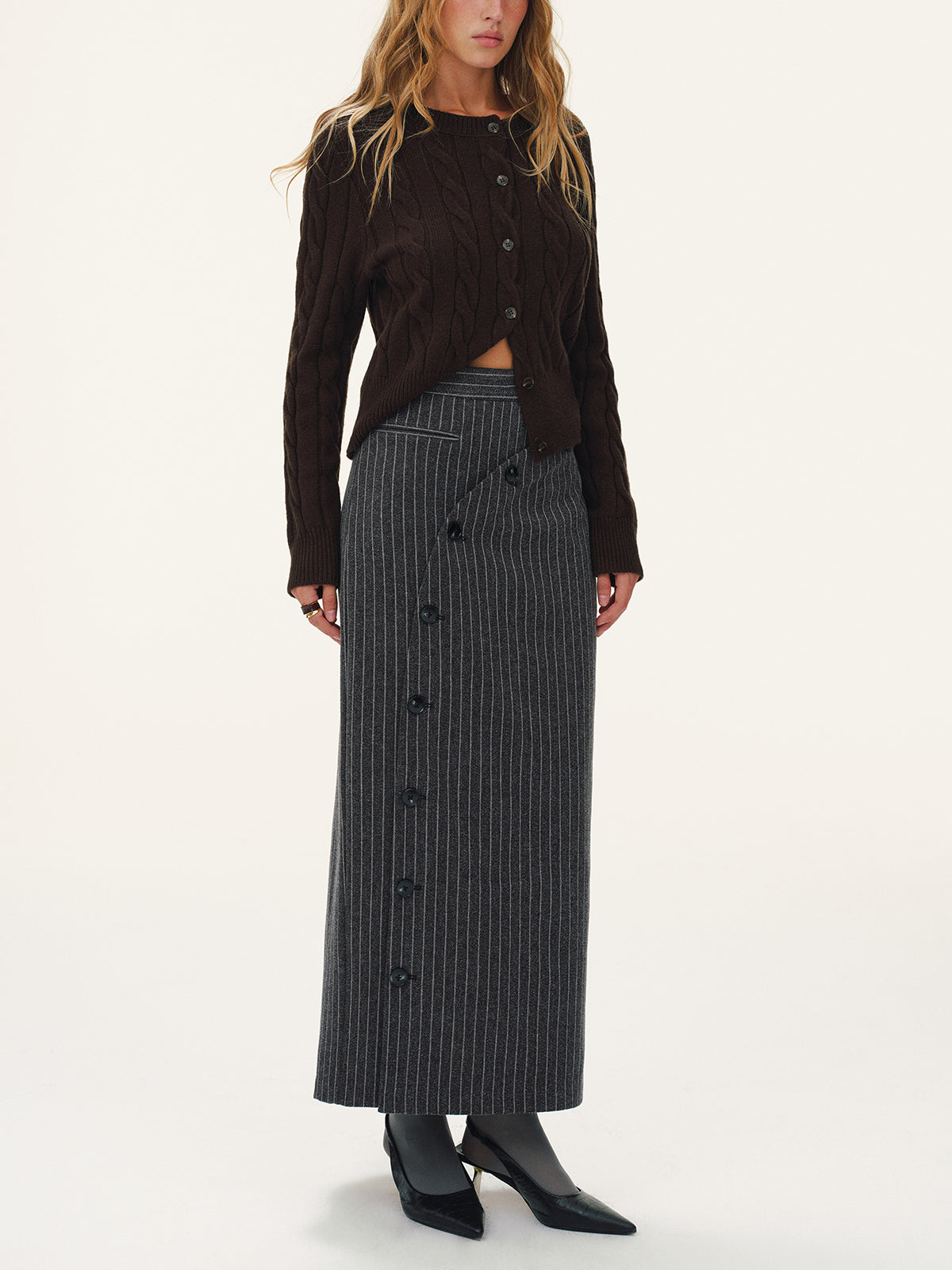 Asymmetric Button Striped Maxi Skirt