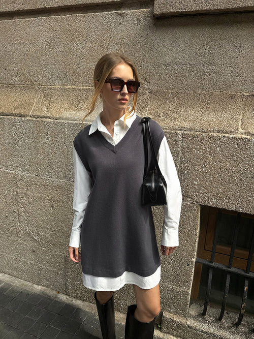 2 in 1 Shirt Paneled Knit Mini Dress