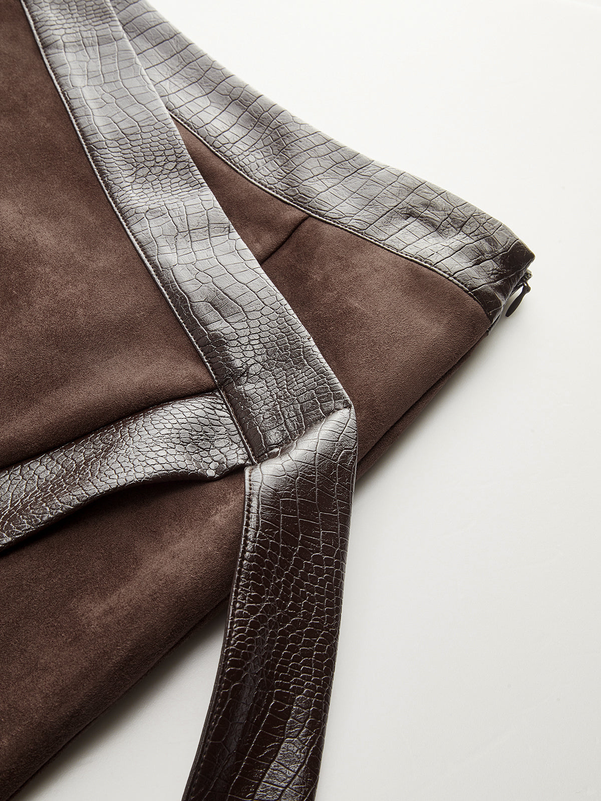 Crocodile PU Leather Panel Suede Effect Midi Skirt