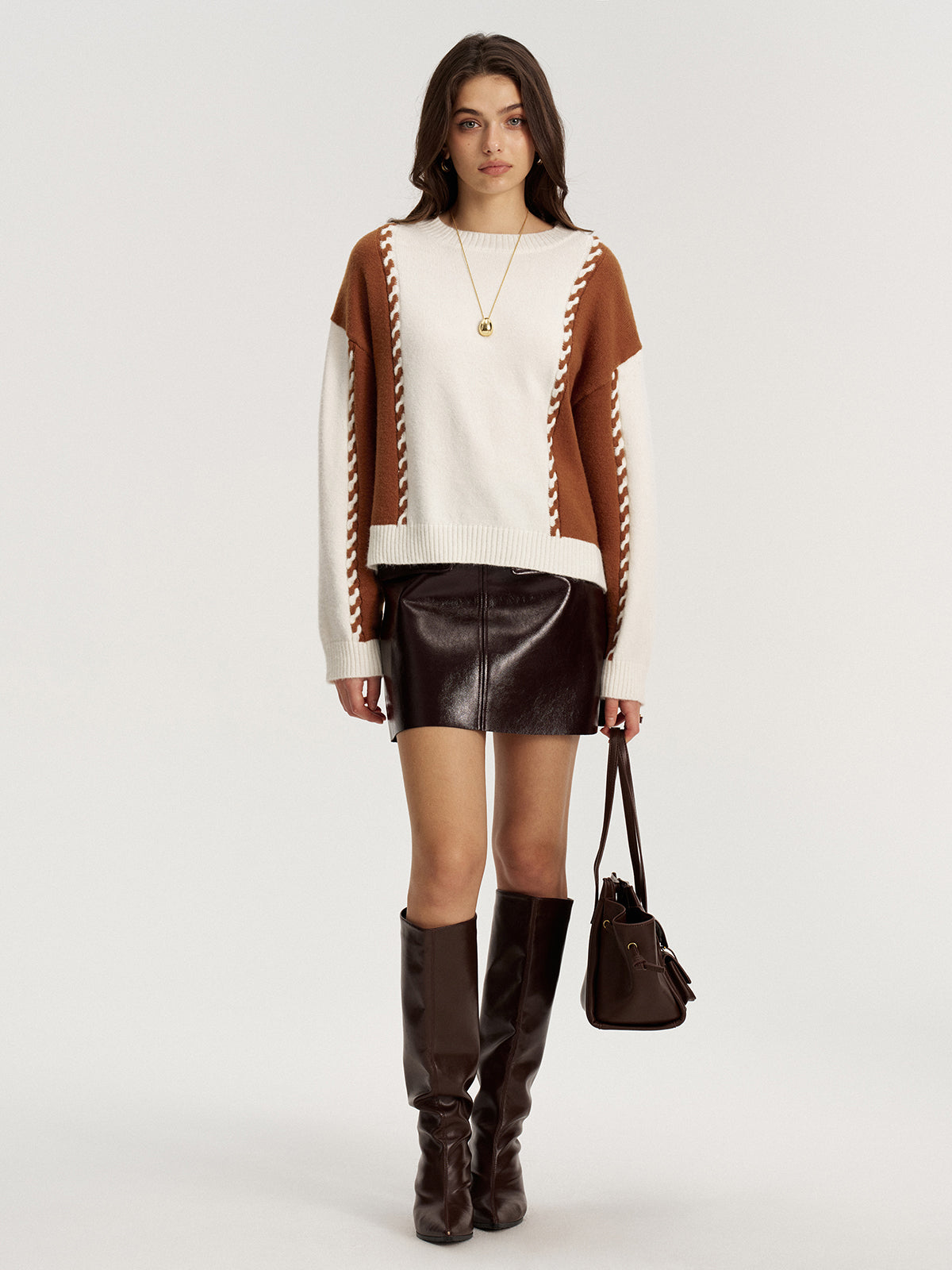 Braided Trim Two-Tone Sweater