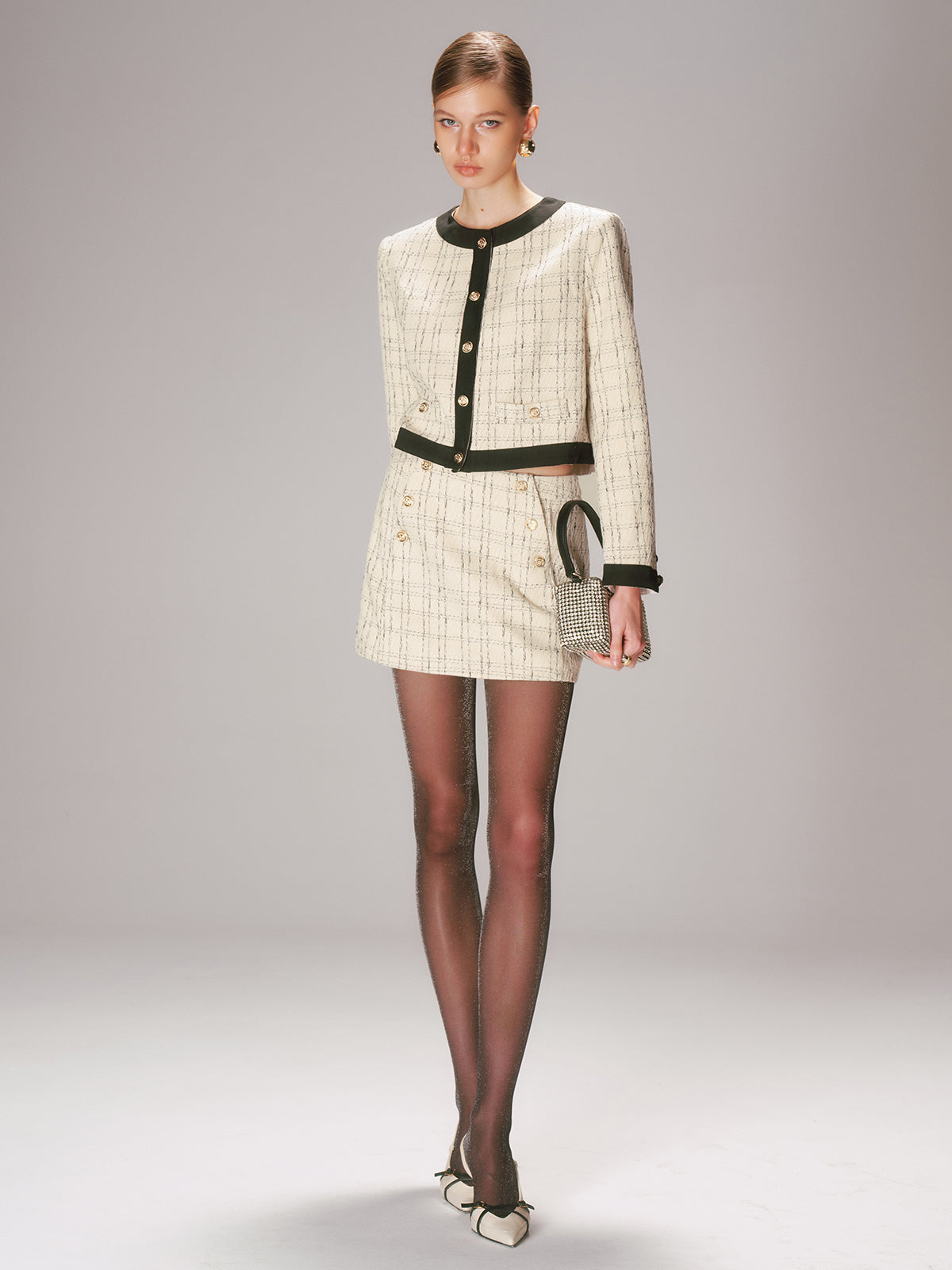 Contrast Trim Tweed Jacket and Shorts Set