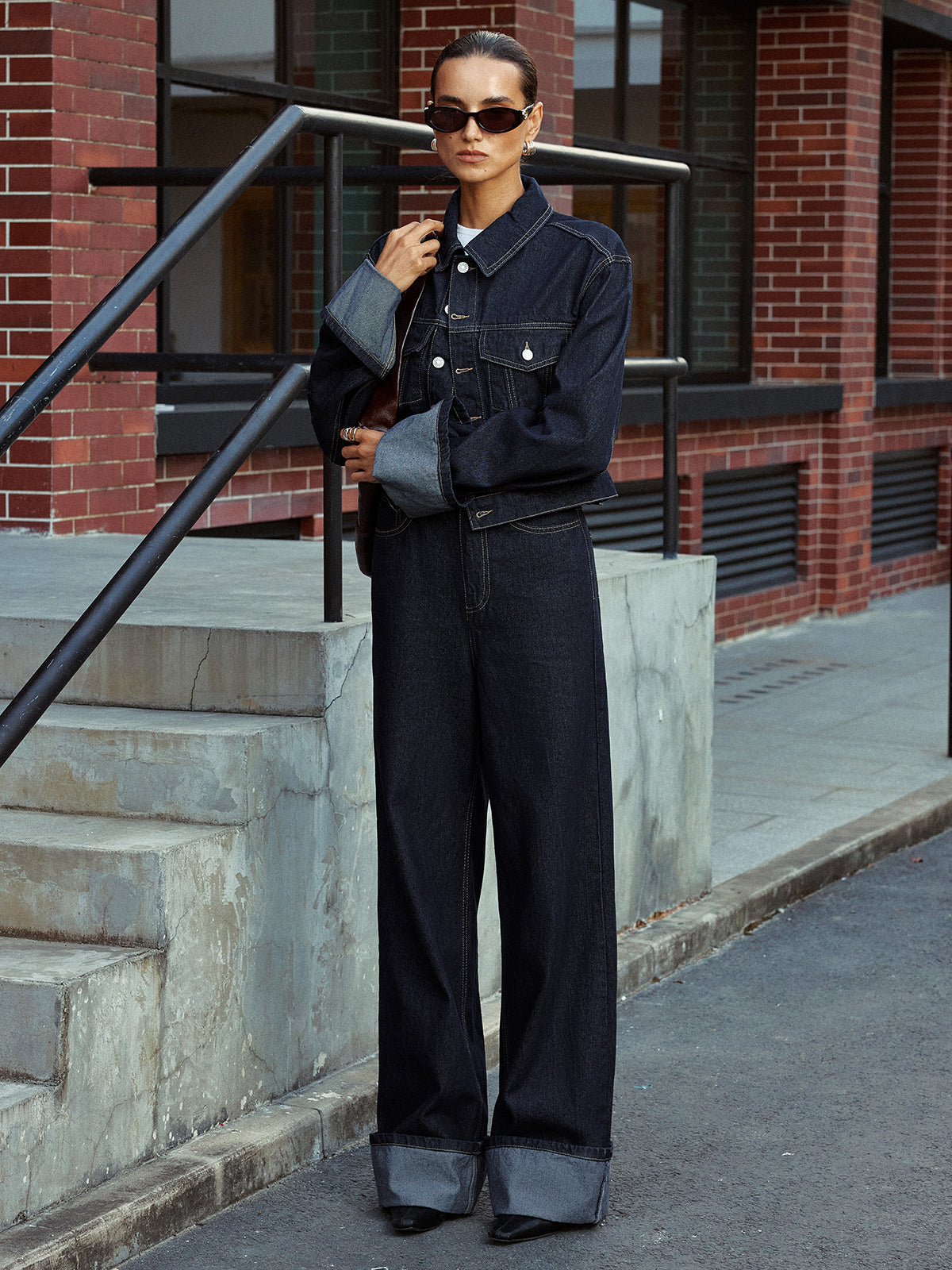 High-Waist Cuffed Wide-Leg Jeans