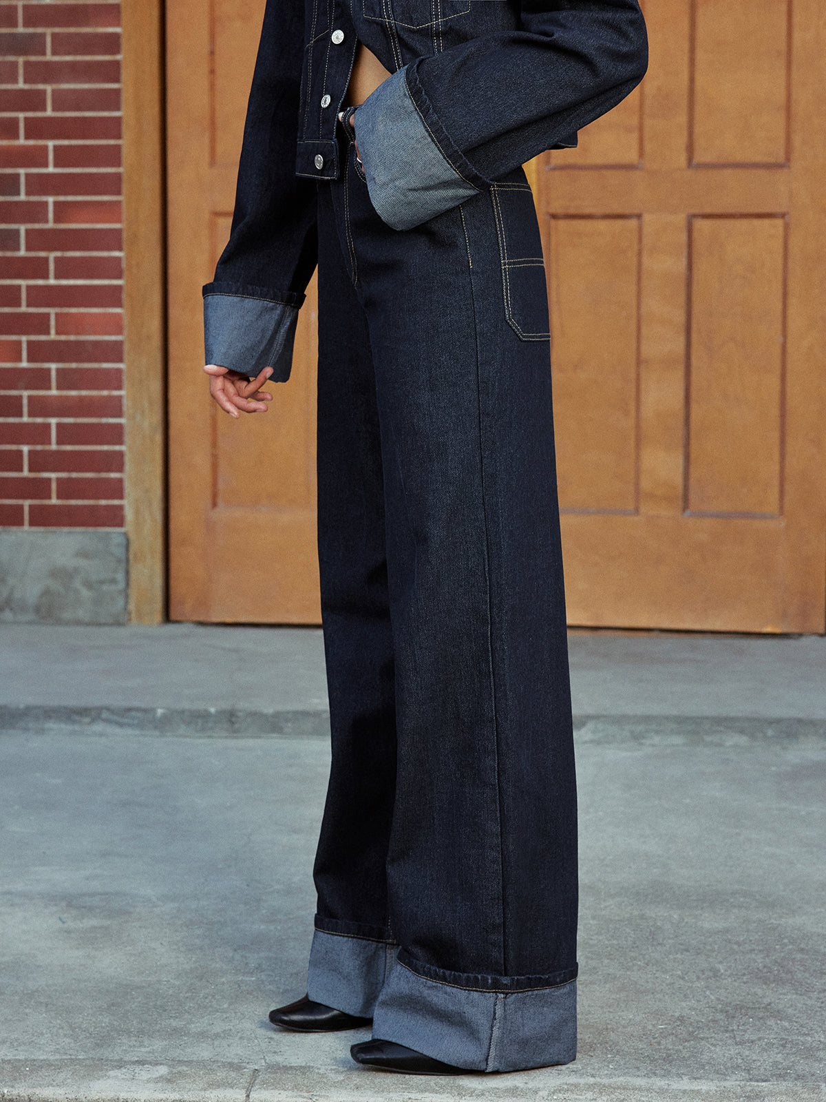 High-Waist Cuffed Wide-Leg Jeans