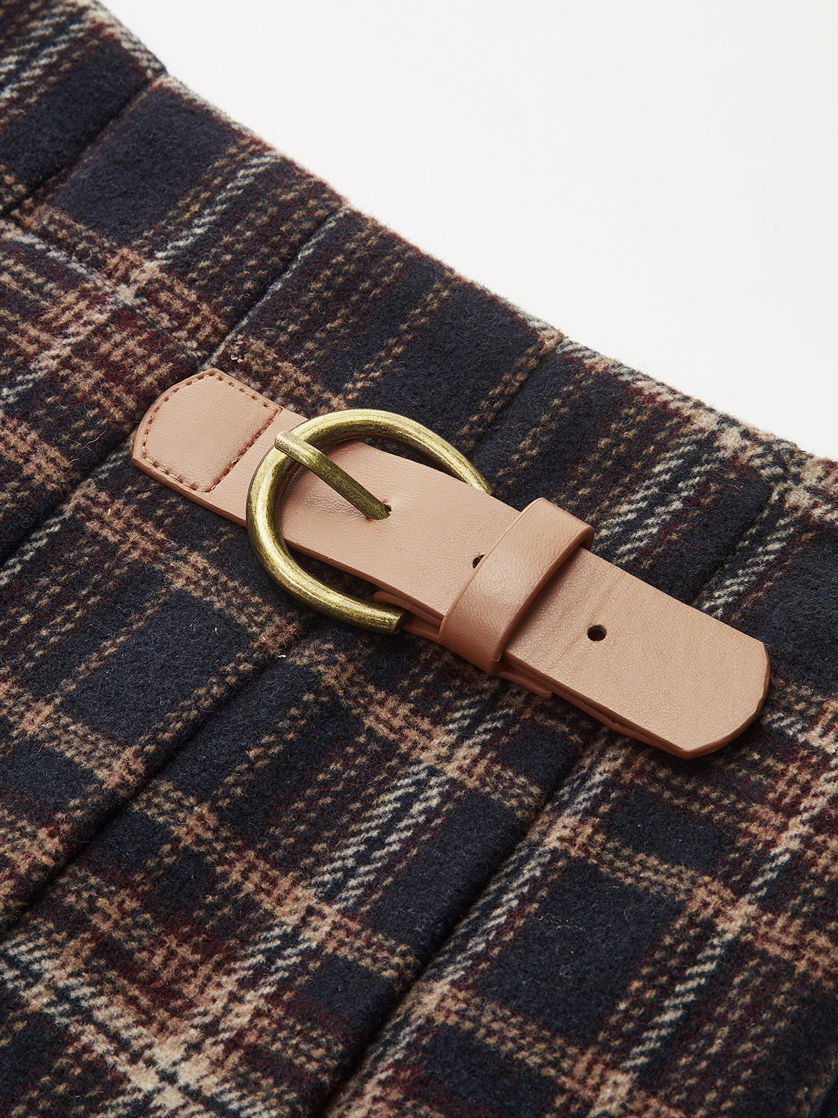 Buckle Detail Plaid Pleated Mini Skirt