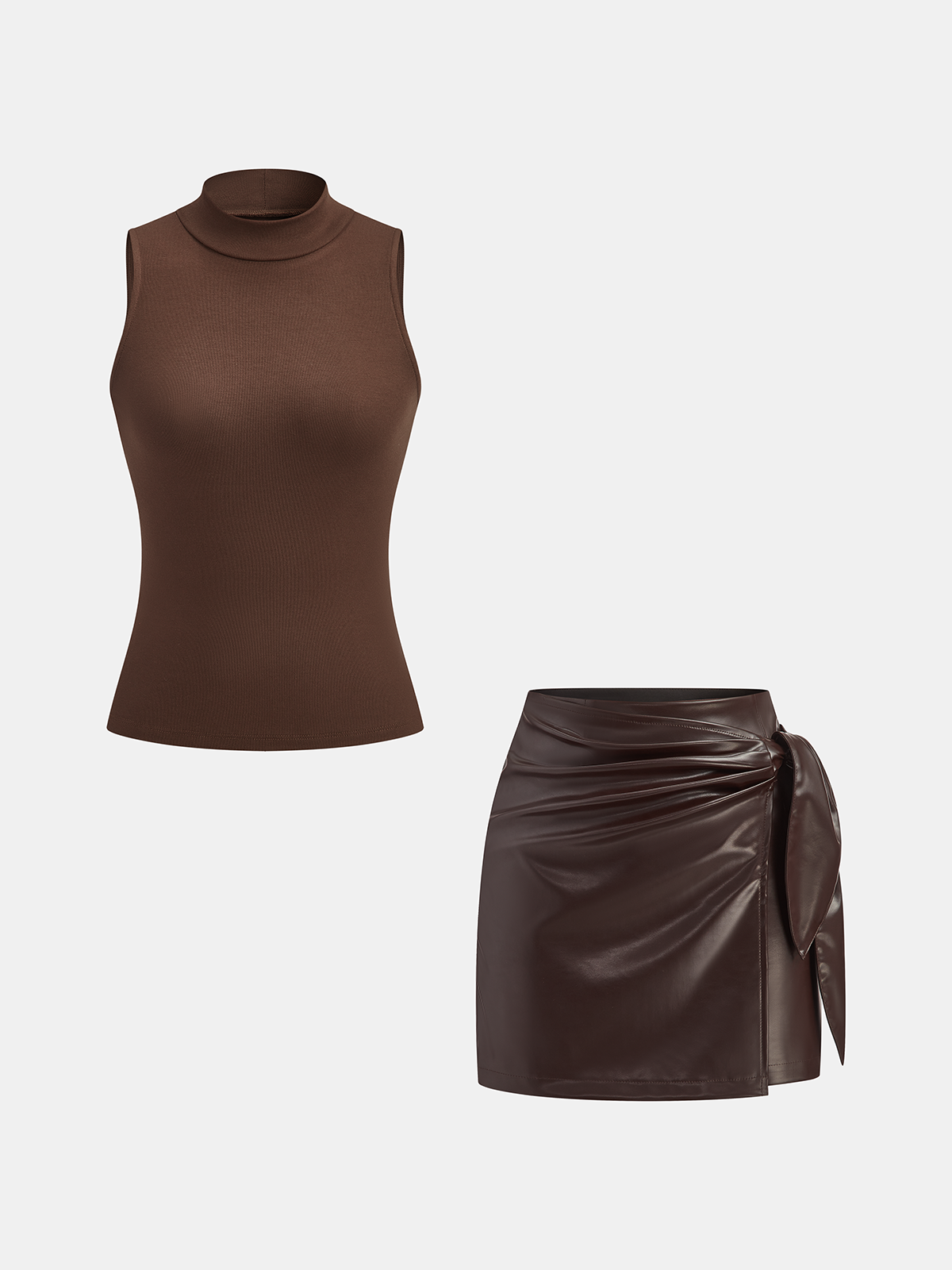 Mock Neck Top with Faux Leather Skirt Set