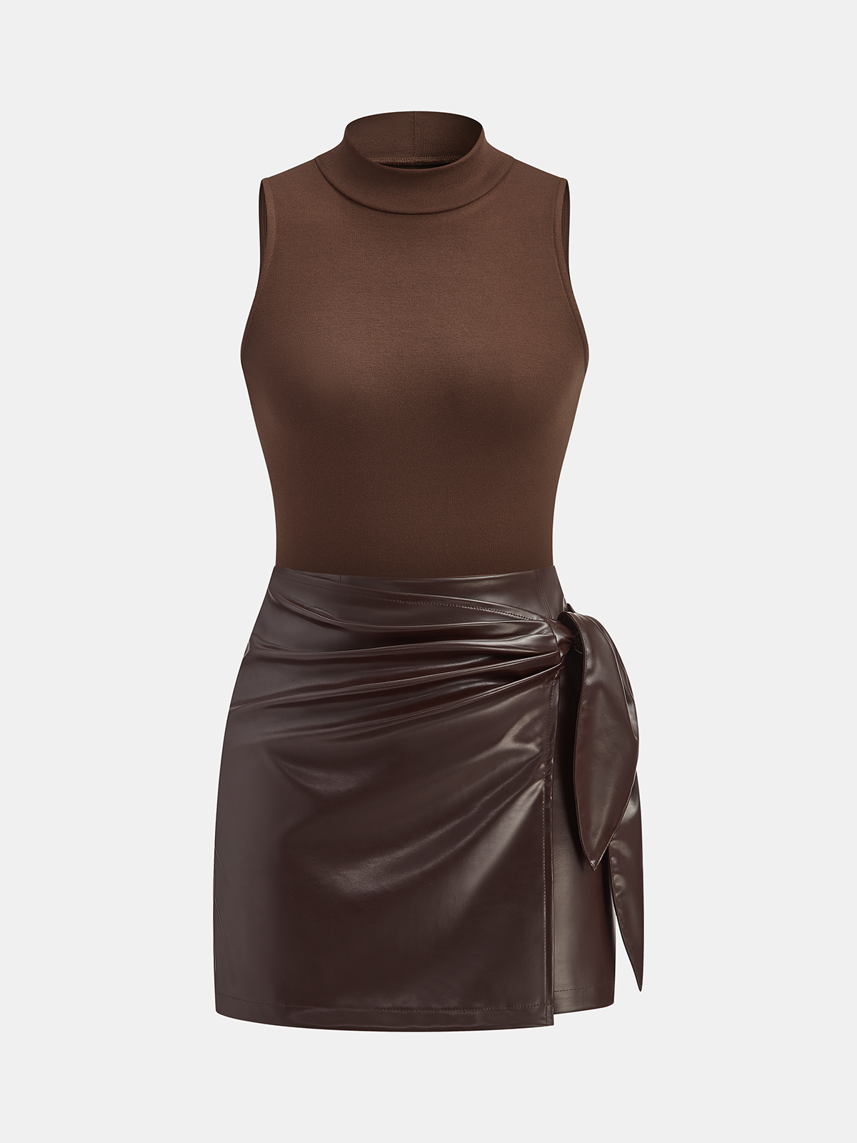 Mock Neck Top with Faux Leather Skirt Set