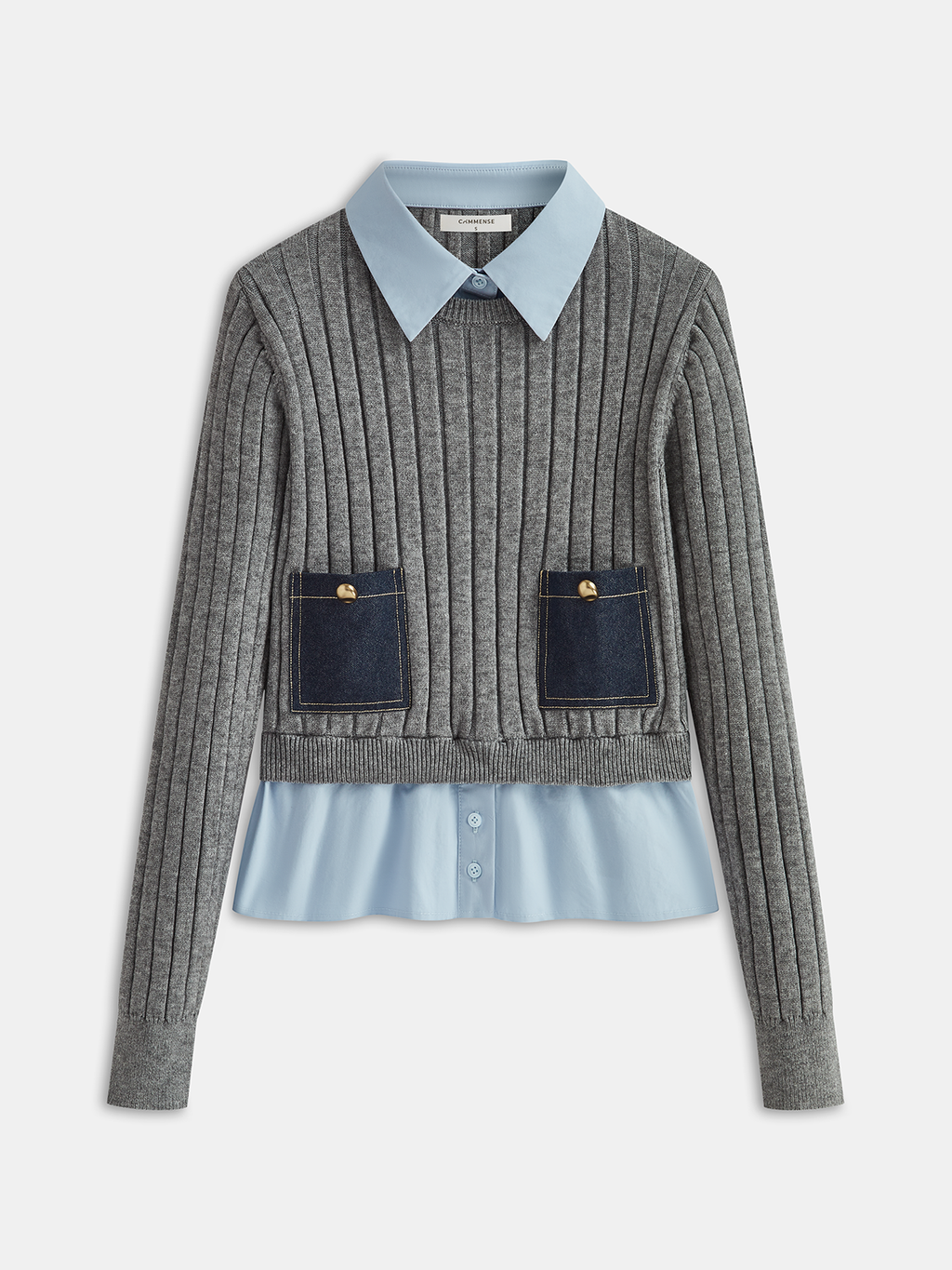 2 in 1 Denim Pocket Collared Rib-Knit Top