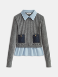 2 in 1 Denim Pocket Collared Rib-Knit Top