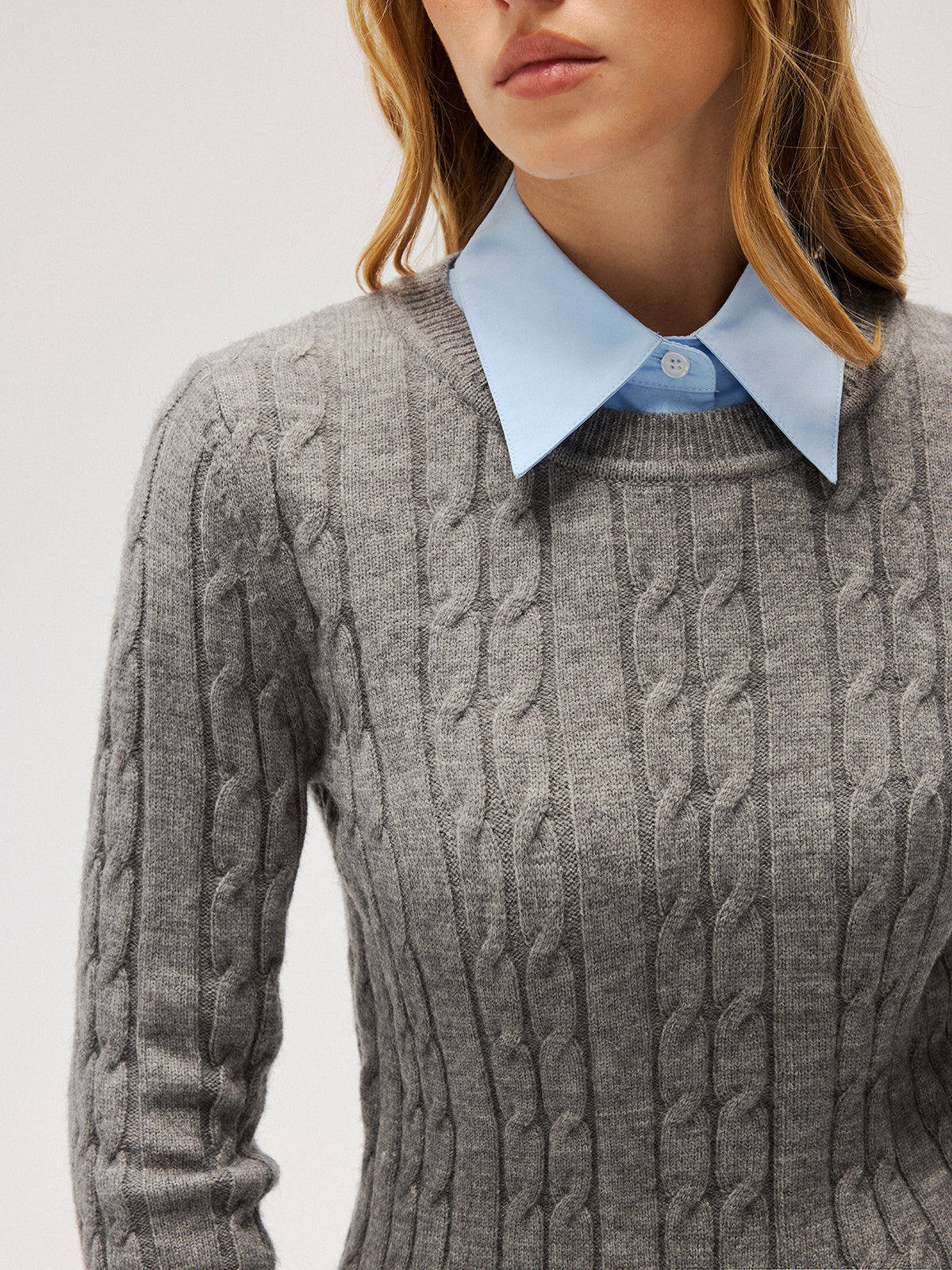 2 in 1 Contrast Shirt Collar Cable-Knit Sweater