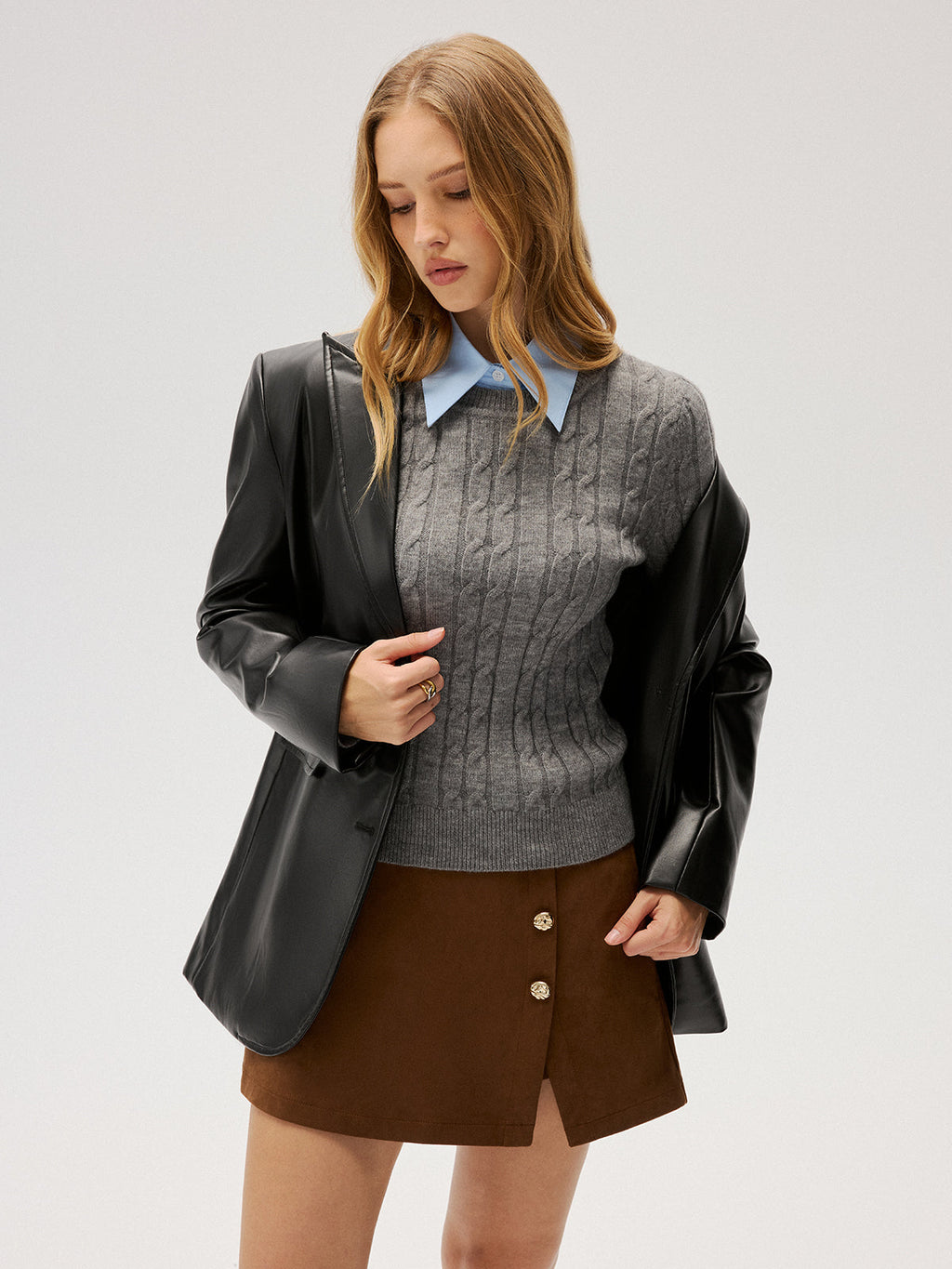 2 in 1 Contrast Shirt Collar Cable-Knit Sweater