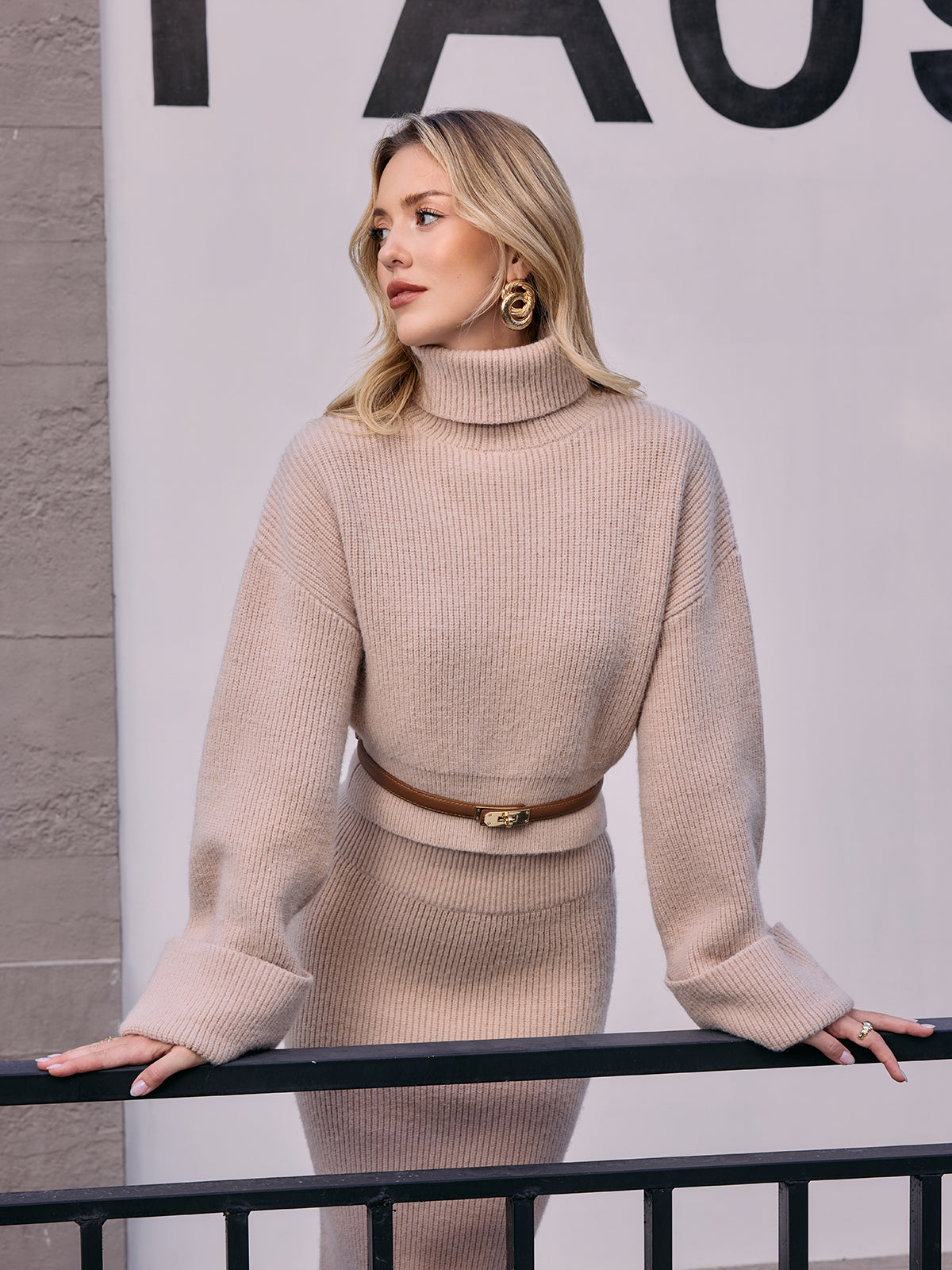 Ribbed Knit Turtleneck Sweater  without Belt