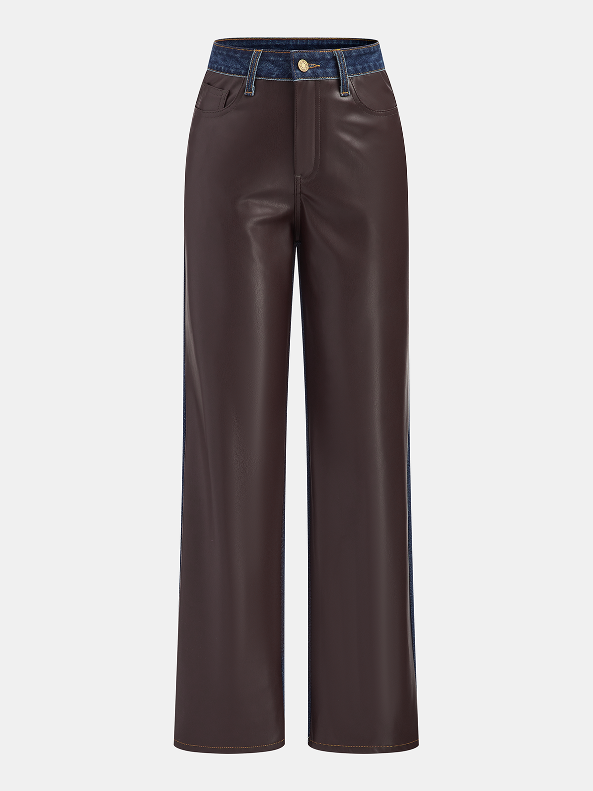 Denim Panel Faux Leather Straight-Leg Pants
