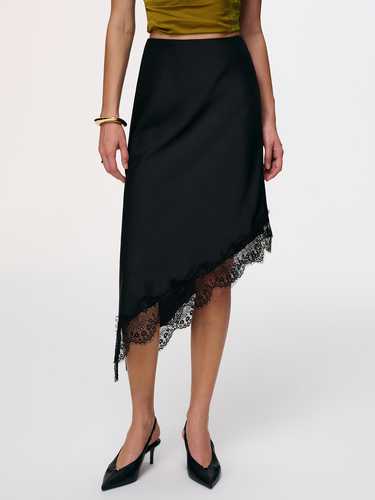 Satin Asymmetric Lace-Trim Midi Skirt