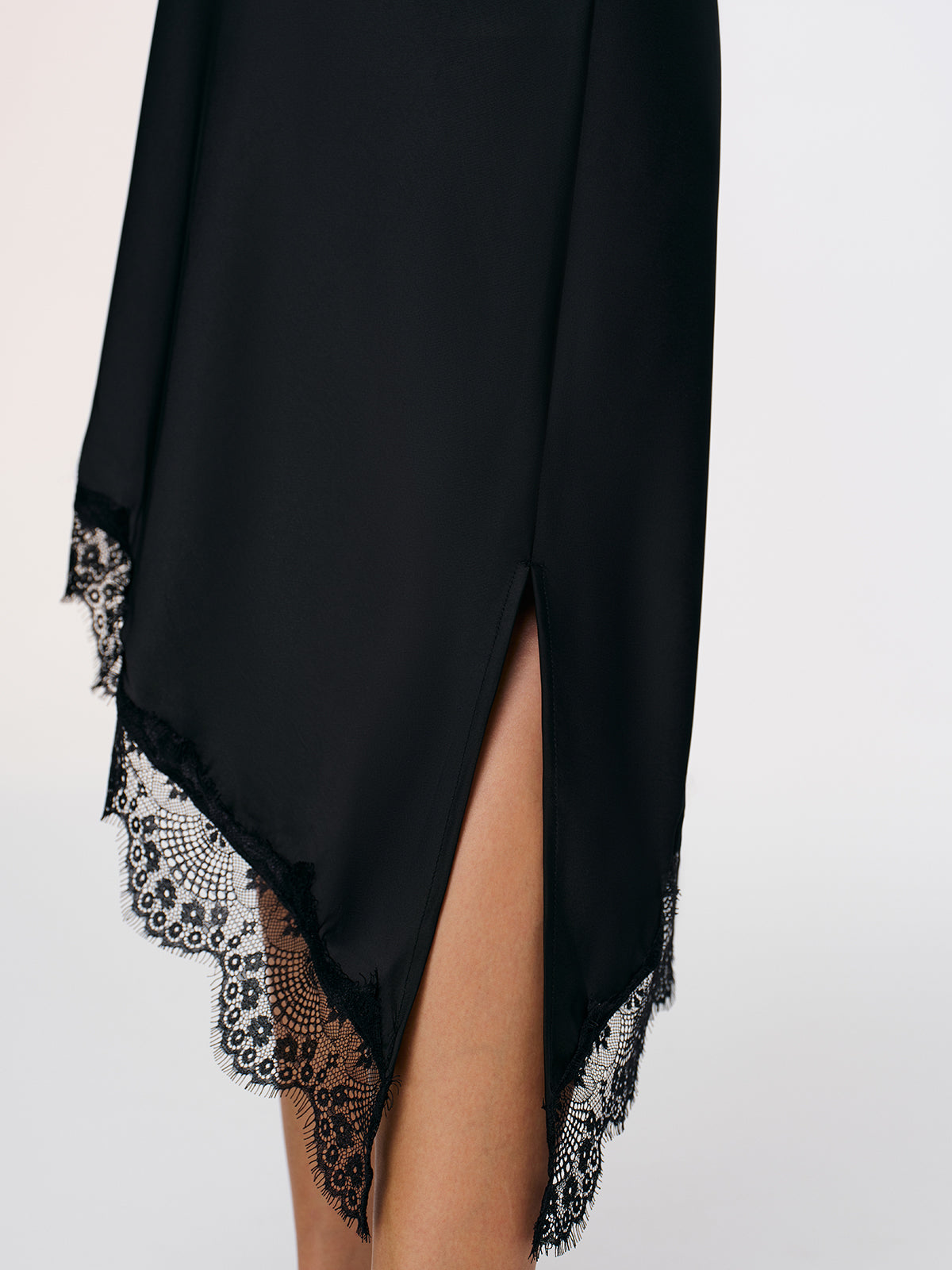Satin Asymmetric Lace-Trim Midi Skirt