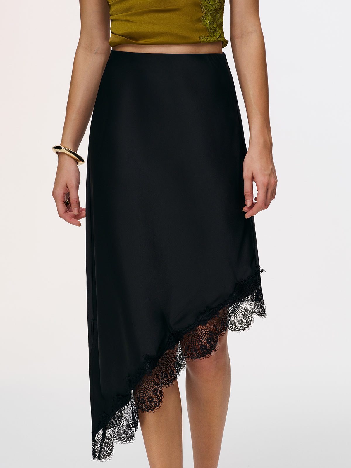 Satin Asymmetric Lace-Trim Midi Skirt
