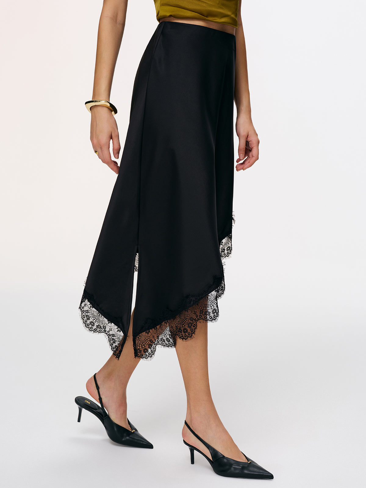Satin Asymmetric Lace-Trim Midi Skirt