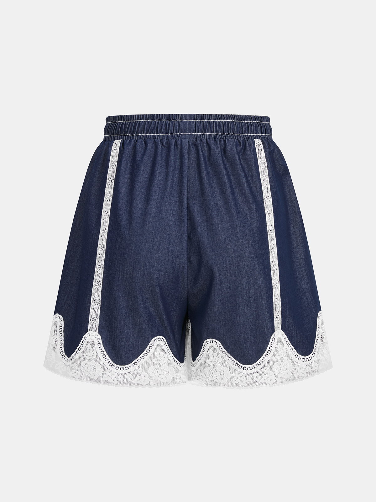 Lace Panel Faux Denim Shirt & Shorts Set