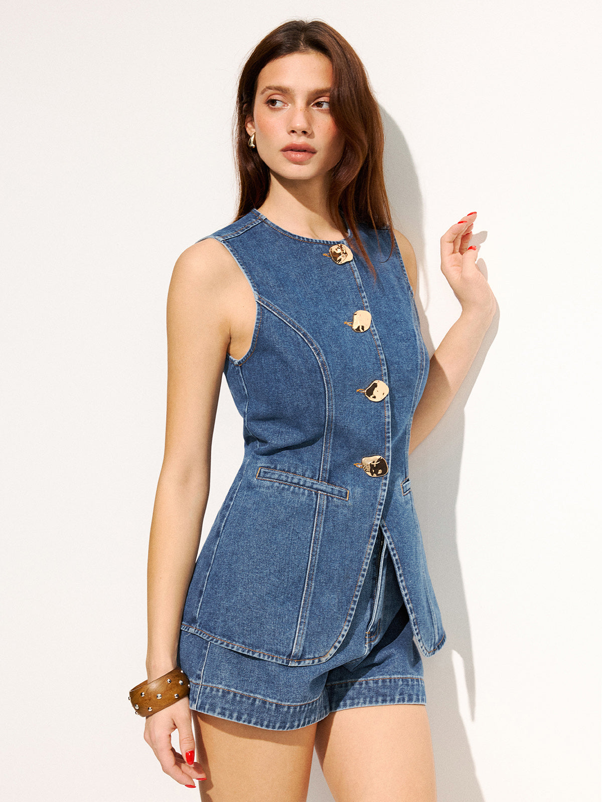 Large Button Sleeveless Denim Top & Shorts Set