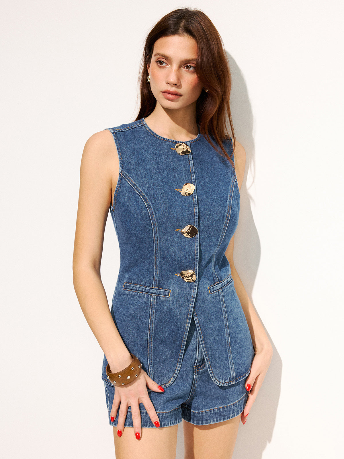 Large Button Sleeveless Denim Top & Shorts Set