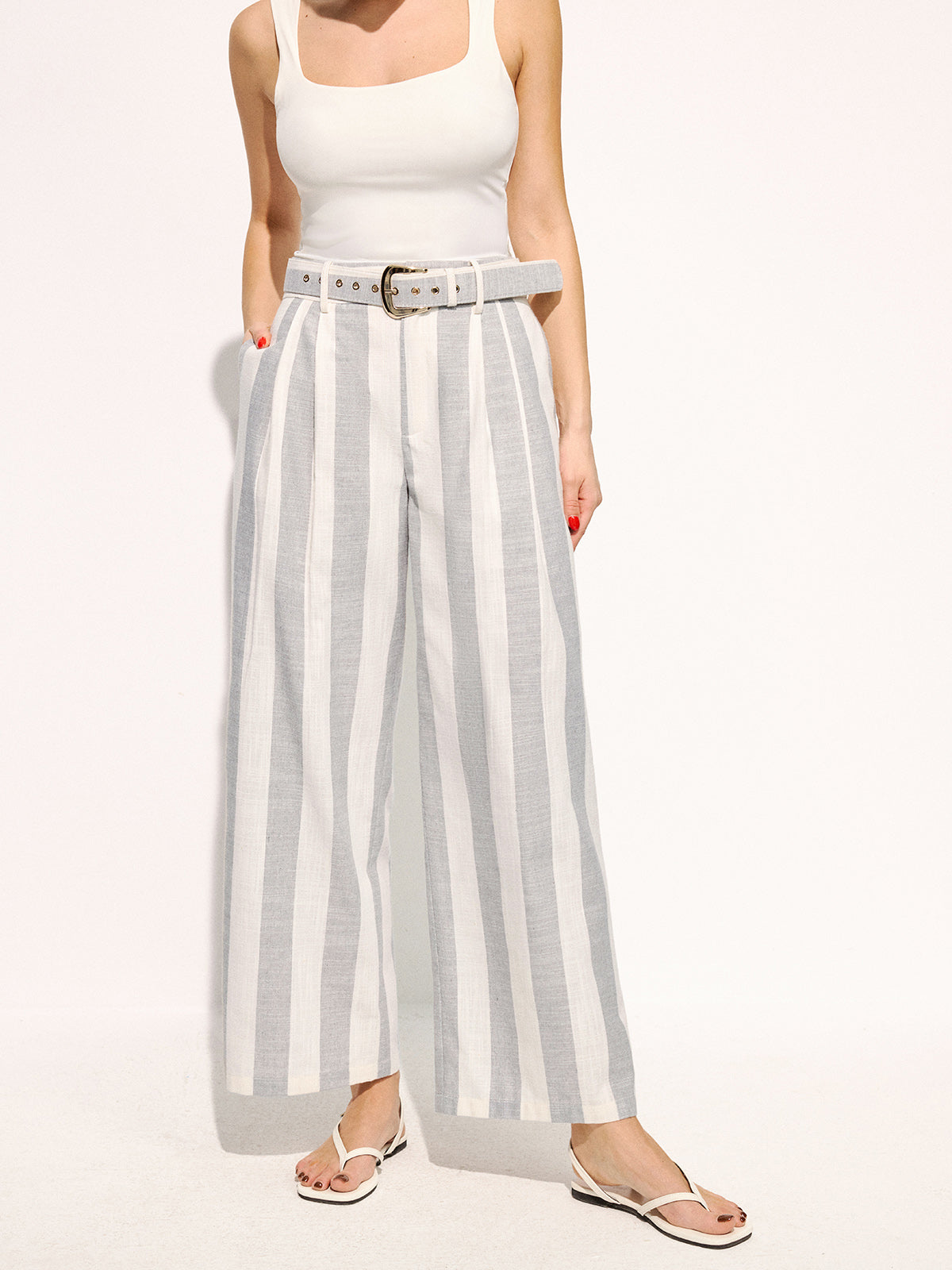 Belted Striped Cotton Linen Wide Leg Pants