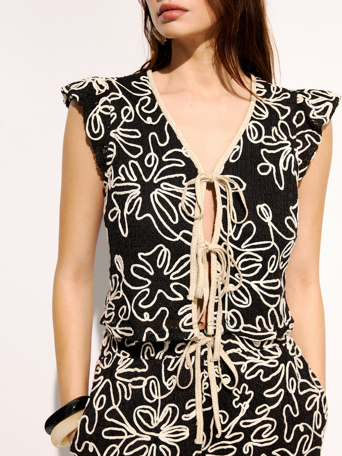 Abstract Floral Tie-Front Top & Shorts Set