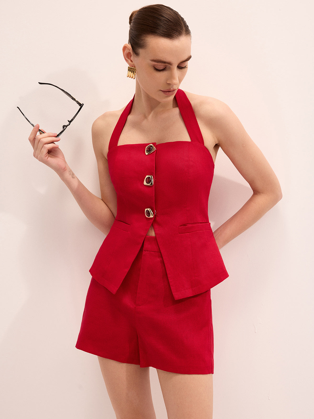 Linen Blend Halter Top & Shorts Set