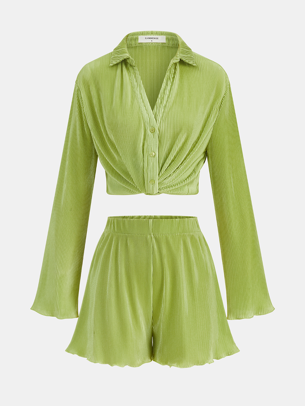 Pleated Twist Front Crop Shirt & Shorts Set